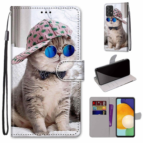 Samsung Galaxy A53 5G Global Coloured Drawing Cross Texture Horizontal Flip PU Phone Leather Case with Holder & Card Slots & Wallet & Lanyard - Colorful Layer - Oblique Hat Blue Mirror Cat