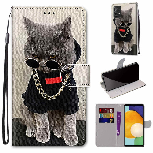 Samsung Galaxy A53 5G Global Coloured Drawing Cross Texture Horizontal Flip PU Phone Leather Case with Holder & Card Slots & Wallet & Lanyard - Colorful Layer - Golden Chain Grey Cat
