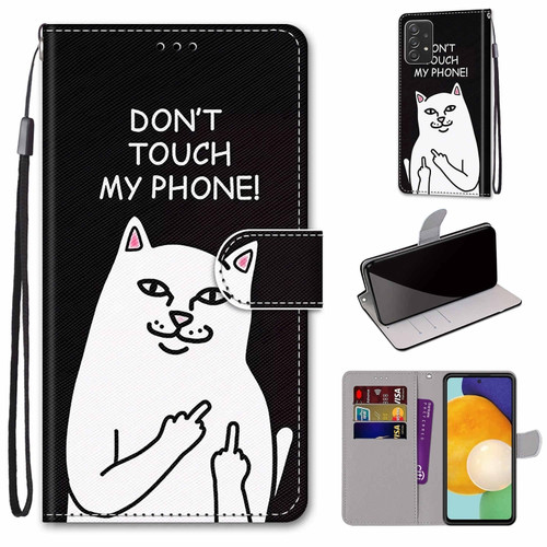 Samsung Galaxy A53 5G Global Coloured Drawing Cross Texture Horizontal Flip PU Phone Leather Case with Holder & Card Slots & Wallet & Lanyard - Colorful Layer - Middle Finger White Cat
