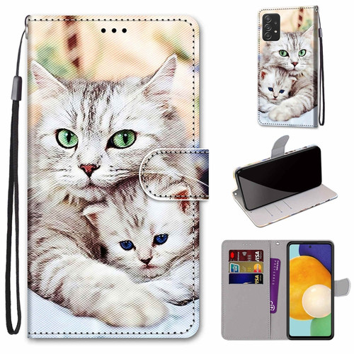 Samsung Galaxy A53 5G Global Coloured Drawing Cross Texture Horizontal Flip PU Phone Leather Case with Holder & Card Slots & Wallet & Lanyard - Colorful Layer - Big Cat Hugging Kitten