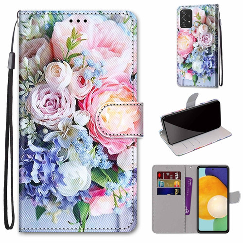 Samsung Galaxy A53 5G Global Coloured Drawing Cross Texture Horizontal Flip PU Phone Leather Case with Holder & Card Slots & Wallet & Lanyard - Colorful Layer - Light Pink Bouquet