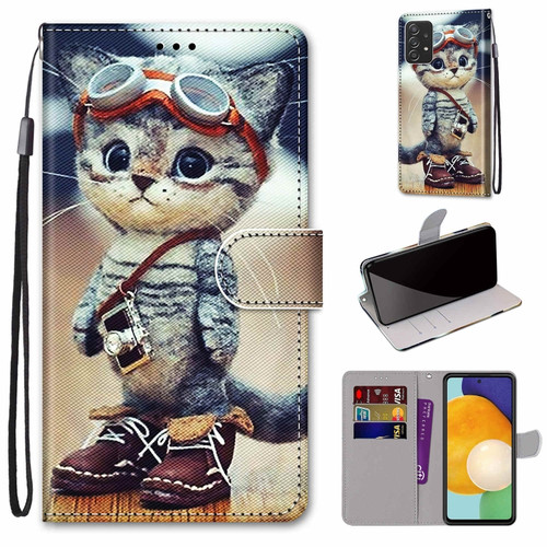 Samsung Galaxy A53 5G Global Coloured Drawing Cross Texture Horizontal Flip PU Phone Leather Case with Holder & Card Slots & Wallet & Lanyard - Colorful Layer - Leather Shoes Cat