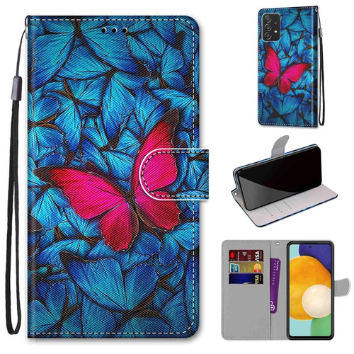 Samsung Galaxy A53 5G Global Coloured Drawing Cross Texture Horizontal Flip PU Phone Leather Case with Holder & Card Slots & Wallet & Lanyard - Colorful Layer - Big Red Butterfly On Blue