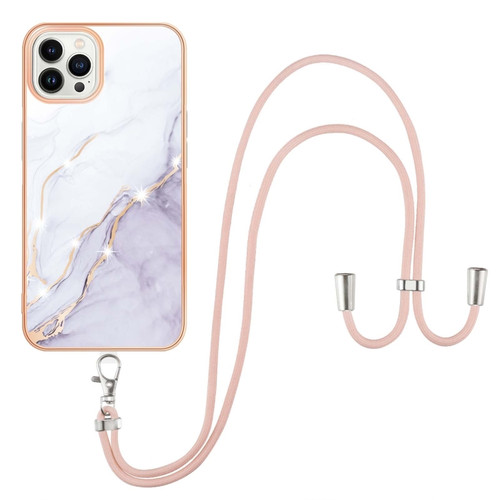 iPhone 13 Pro Max Electroplating Marble Pattern IMD TPU Shockproof Case with Neck Lanyard  - White 006
