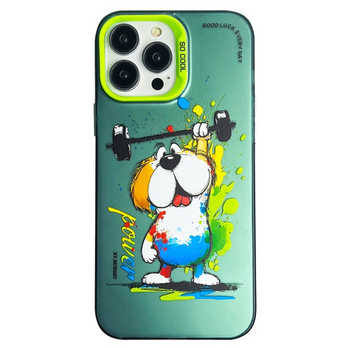 iPhone 13 Pro Max Double Layer Color Silver Series Animal Oil Painting Phone Case - Weightlifting Dog