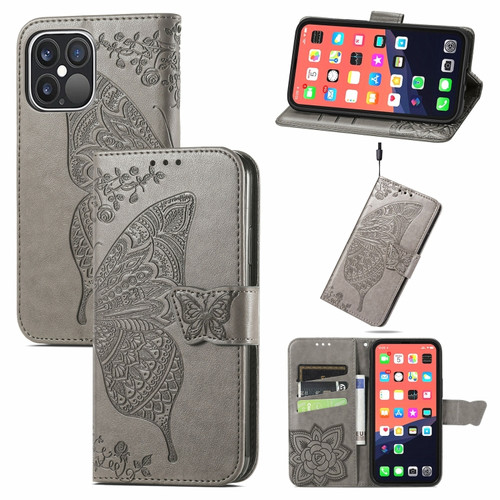 iPhone 13 Pro Max Butterfly Love Flower Embossed Horizontal Flip Leather Case with Bracket / Card Slot / Wallet / Lanyard  - Grey