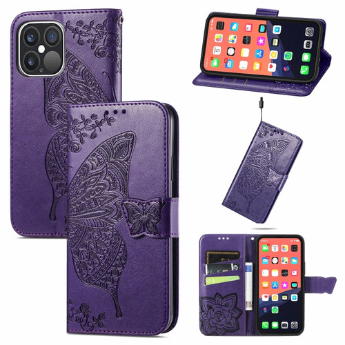 iPhone 13 Pro Max Butterfly Love Flower Embossed Horizontal Flip Leather Case with Bracket / Card Slot / Wallet / Lanyard  - Dark Purple