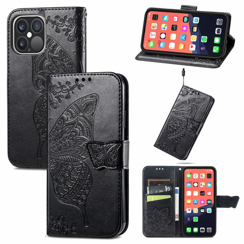 iPhone 13 Pro Max Butterfly Love Flower Embossed Horizontal Flip Leather Case with Bracket / Card Slot / Wallet / Lanyard  - Black