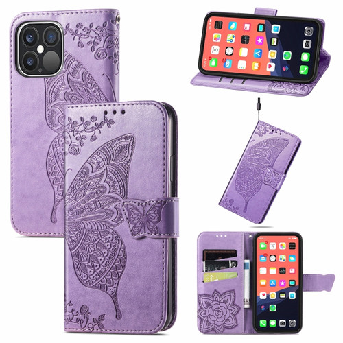 iPhone 13 Pro Max Butterfly Love Flower Embossed Horizontal Flip Leather Case with Bracket / Card Slot / Wallet / Lanyard  - Light Purple