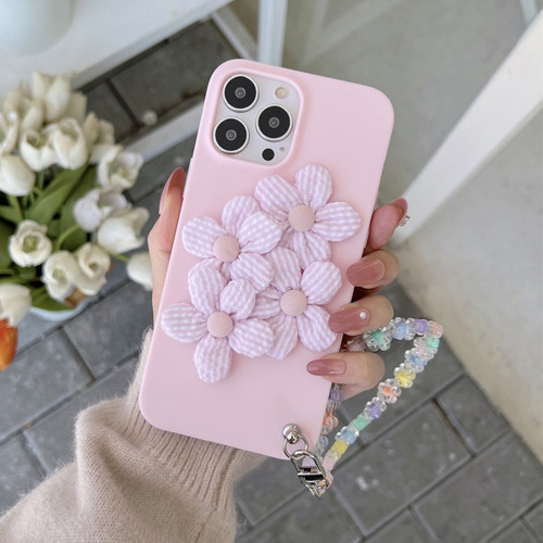 iPhone 13 Pro Max Four Flowers Hand Strap Phone Case  - Light Pink