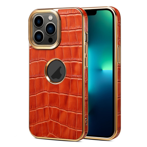 iPhone 13 Pro Max Denior Crocodile Texture Genuine Leather Electroplating Phone Case - Mocha Brown