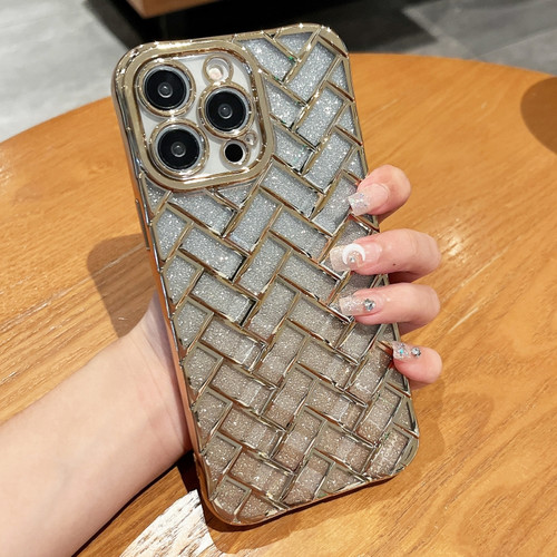 iPhone 13 Pro Max Woven Grid 3D Electroplating Laser Engraving Glitter Paper Phone Case - Gold