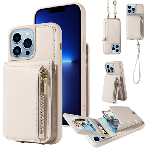 iPhone 13 Pro Max Crossbody Lanyard Zipper Wallet Leather Phone Case - Beige