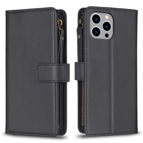 iPhone 13 Pro Max 9 Card Slots Zipper Wallet Leather Flip Phone Case - Black