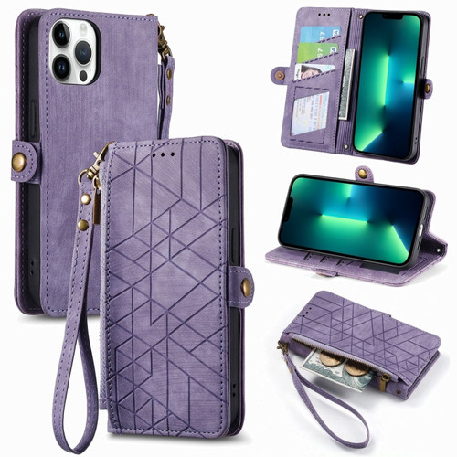 iPhone 13 Pro Max Geometric Zipper Wallet Side Buckle Leather Phone Case - Purple