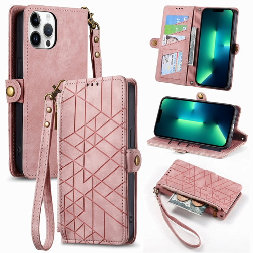 iPhone 13 Pro Max Geometric Zipper Wallet Side Buckle Leather Phone Case - Pink