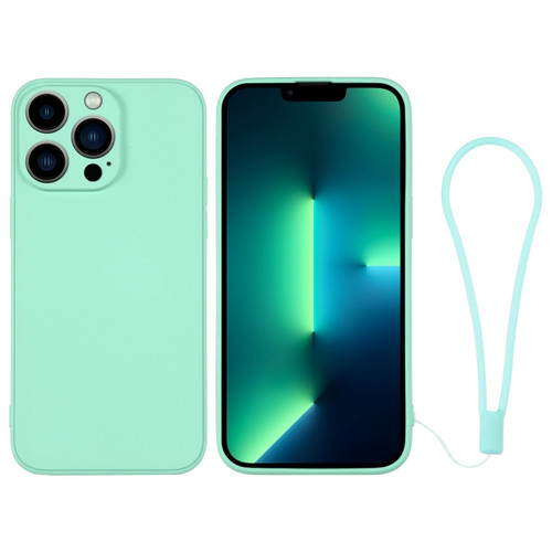 iPhone 13 Pro Max Silicone Phone Case with Wrist Strap - Mint Green