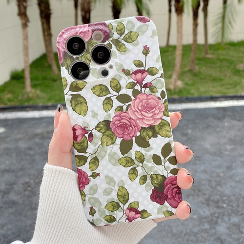iPhone 13 Pro Max Water Sticker Flower Pattern PC Phone Case - White Backgroud Pink Rose