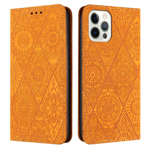 iPhone 13 Pro Max Ethnic Embossed Adsorption Leather Phone Case - Yellow