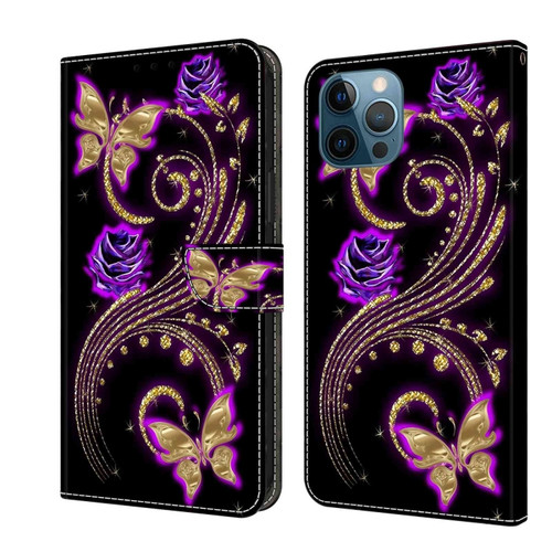 iPhone 12 Pro Max / 13 Pro Max Crystal 3D Shockproof Protective Leather Phone Case - Purple Flower Butterfly