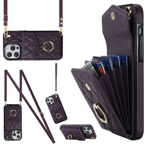 iPhone 13 Pro Max Rhombic Texture Card Bag Phone Case with Long Lanyard - Dark Purple