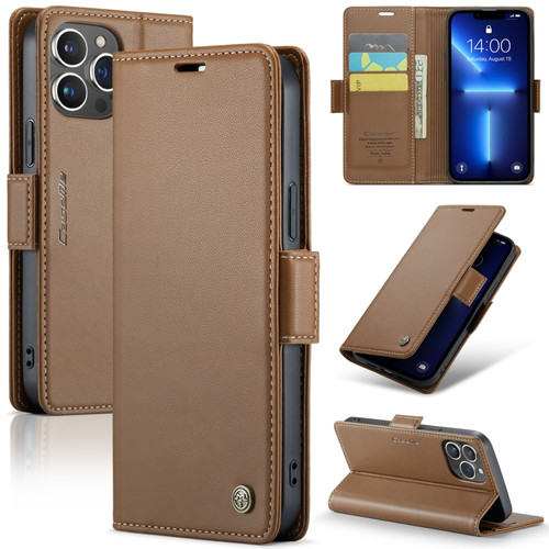 iPhone 13 Pro Max CaseMe 023 Butterfly Buckle Litchi Texture RFID Anti-theft Leather Phone Case - Brown