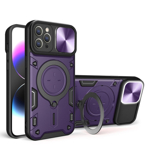 iPhone 13 Pro Max CD Texture Sliding Camshield Magnetic Holder Phone Case - Purple