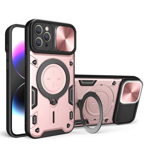 iPhone 13 Pro Max CD Texture Sliding Camshield Magnetic Holder Phone Case - Pink