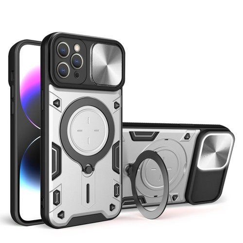 iPhone 13 Pro Max CD Texture Sliding Camshield Magnetic Holder Phone Case - Silver