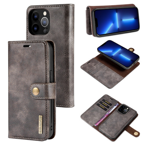 iPhone 13 Pro DG.MING Crazy Horse Texture Flip Detachable Magnetic Leather Case with Holder & Card Slots & Wallet - Grey