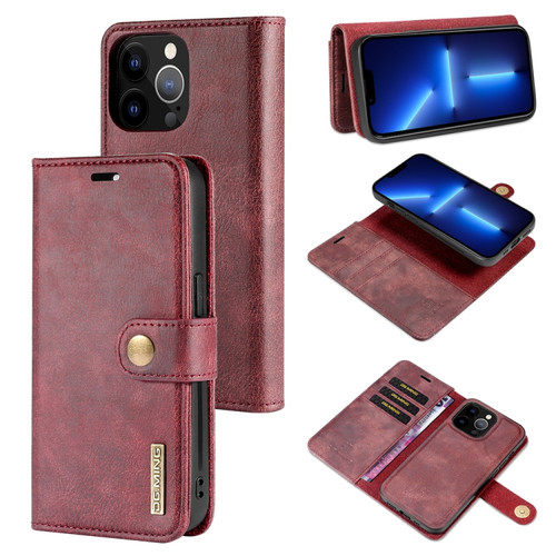 iPhone 13 Pro DG.MING Crazy Horse Texture Flip Detachable Magnetic Leather Case with Holder & Card Slots & Wallet - Red