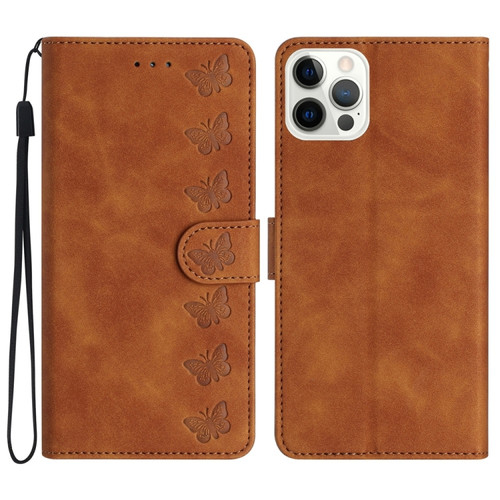 iPhone 13 Pro Seven Butterflies Embossed Leather Phone Case - Brown