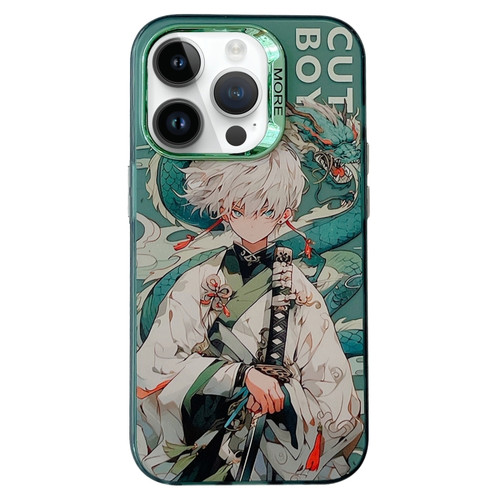 iPhone 13 Pro Chinese Ancient Style Electroplated Lens Ring PC Hybrid TPU Phone Case - Green Background Boy