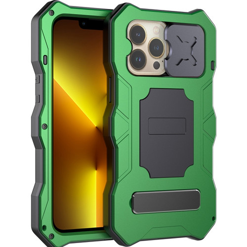 iPhone 13 Pro Camshield Shockproof Life Waterproof Dustproof Metal Case with Holder - Green