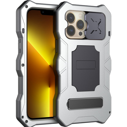 iPhone 13 Pro Camshield Shockproof Life Waterproof Dustproof Metal Case with Holder - Silver