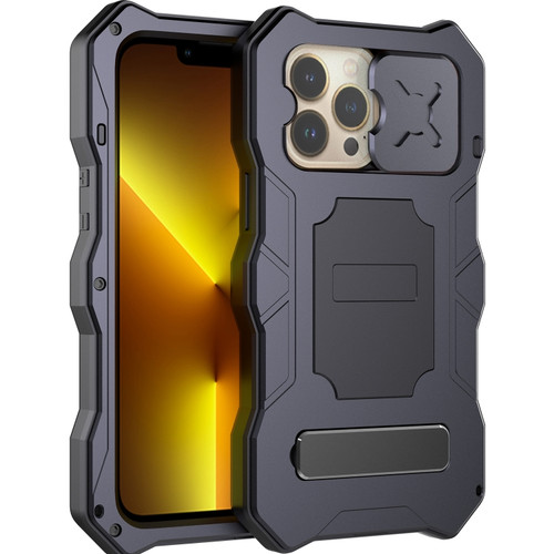 iPhone 13 Pro Camshield Shockproof Life Waterproof Dustproof Metal Case with Holder - Black