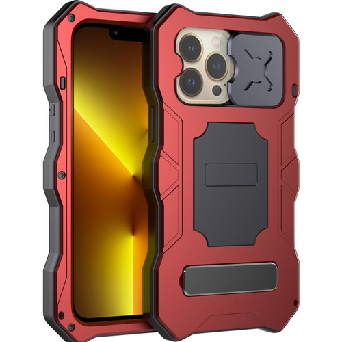 iPhone 13 Pro Camshield Shockproof Life Waterproof Dustproof Metal Case with Holder - Red