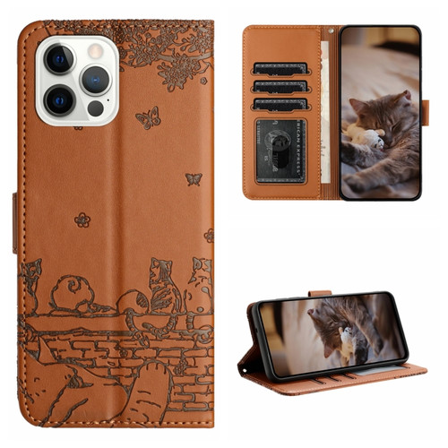 iPhone 13 Pro Cat Embossing Pattern Leather Phone Case with Lanyard - Brown