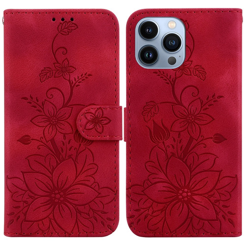 iPhone 13 Pro Lily Embossed Leather Phone Case - Red