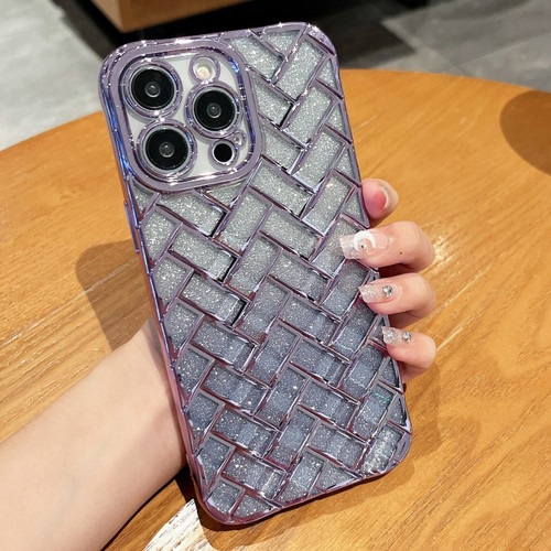 iPhone 13 Pro Woven Grid 3D Electroplating Laser Engraving Glitter Paper Phone Case - Purple