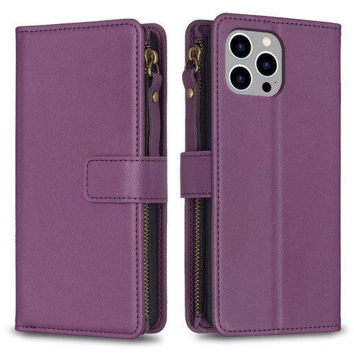 iPhone 13 Pro 9 Card Slots Zipper Wallet Leather Flip Phone Case - Dark Purple