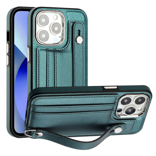 iPhone 13 Pro Shockproof Leather Phone Case with Wrist Strap - Green