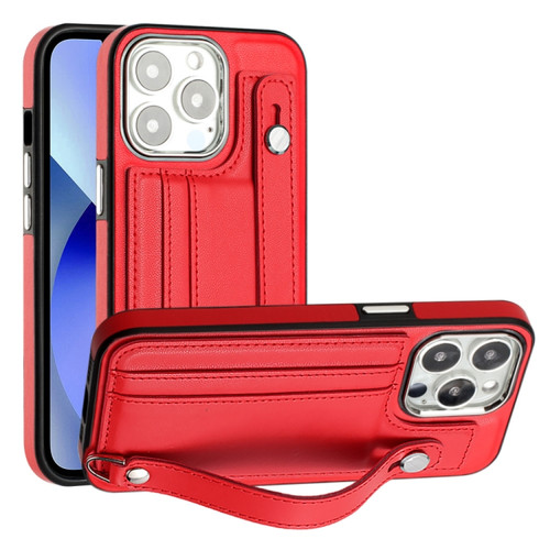 iPhone 13 Pro Shockproof Leather Phone Case with Wrist Strap - Red