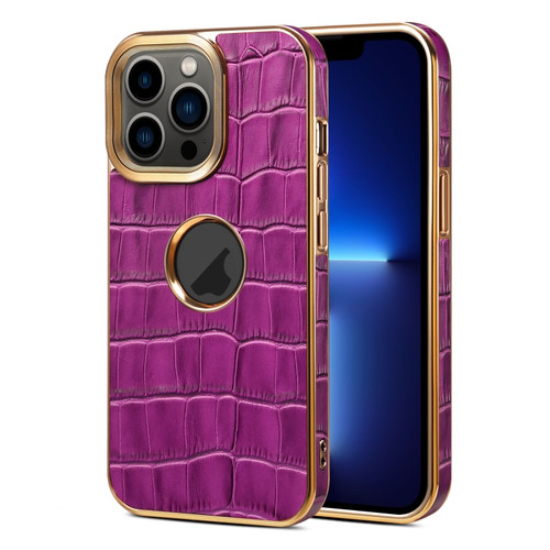 iPhone 13 Pro Denior Crocodile Texture Genuine Leather Electroplating Phone Case - Purple