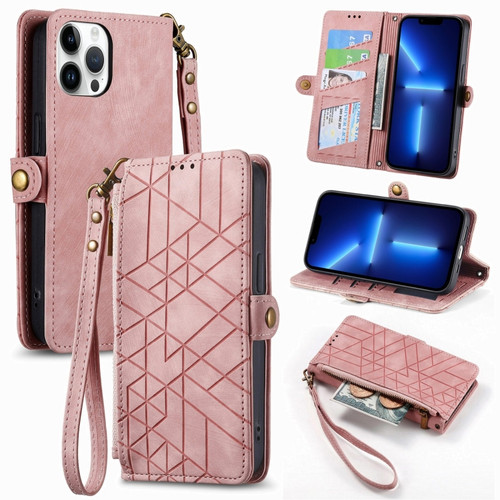 iPhone 13 Pro Geometric Zipper Wallet Side Buckle Leather Phone Case - Pink