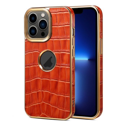 iPhone 13 Pro Denior Crocodile Texture Genuine Leather Electroplating Phone Case - Mocha Brown