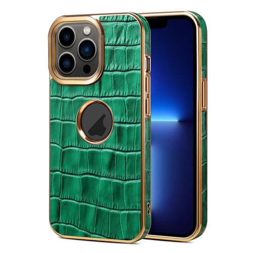iPhone 13 Pro Denior Crocodile Texture Genuine Leather Electroplating Phone Case - Green