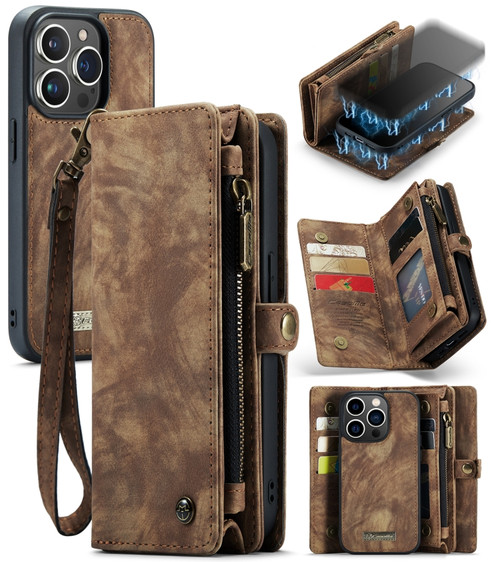iPhone 13 Pro CaseMe-008 Detachable Multifunctional Horizontal Flip Leather Case with Card Slot & Holder & Zipper Wallet & Photo Frame - Brown