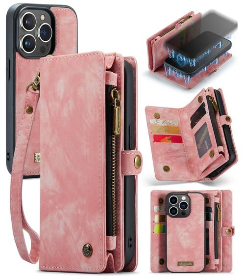 iPhone 13 Pro CaseMe-008 Detachable Multifunctional Horizontal Flip Leather Case - Pink