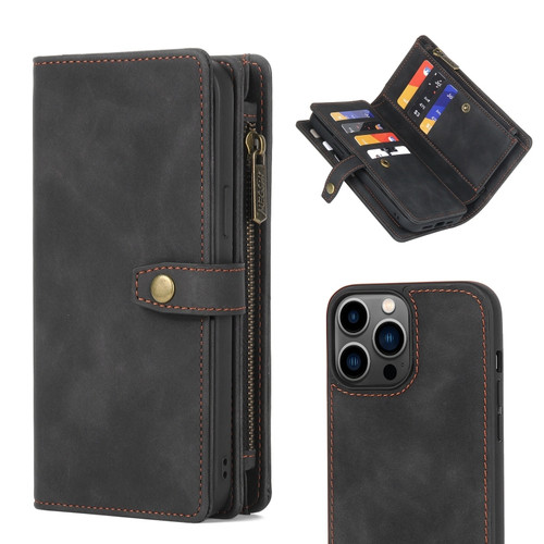 iPhone 13 Pro Zipper Wallet Detachable MagSafe Leather Phone Case - Black
